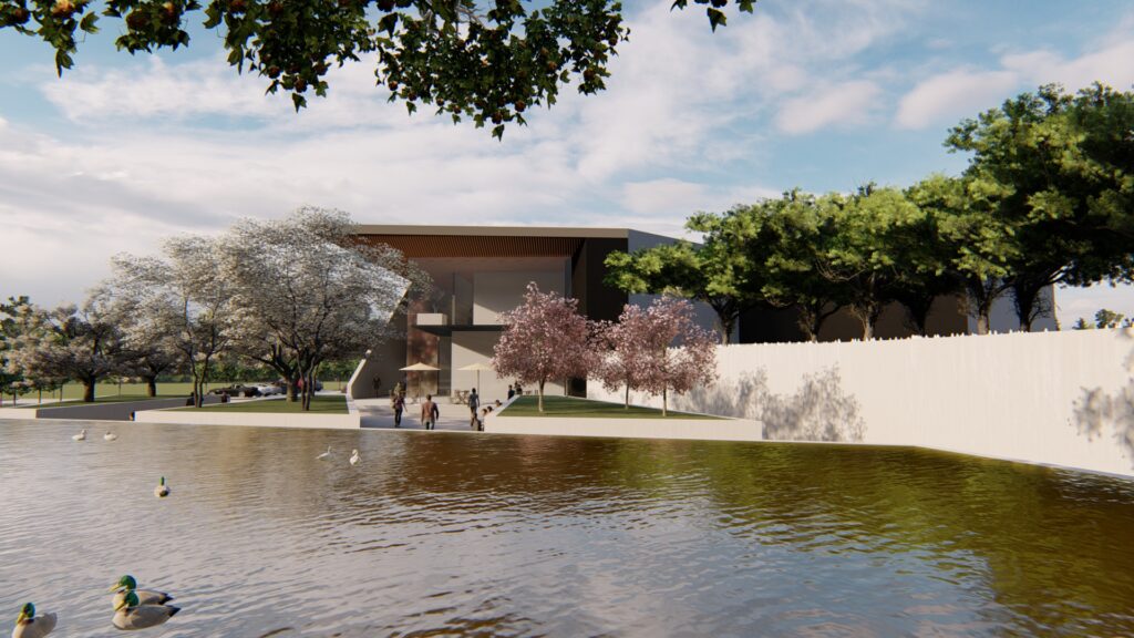 waterfront in front of modern building