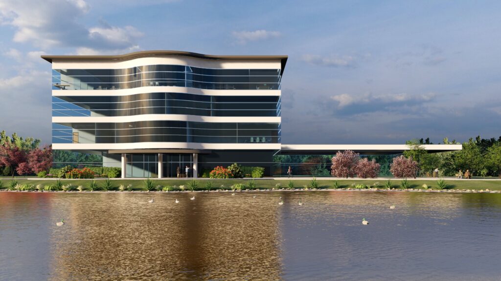 Modern building with water view